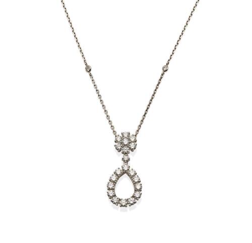 A diamond pendant, Chopard. Serial number 6378671. The pear-shaped diamond drop with cluster surmount hung on diamond set tracelink chain. Total known diamond weight 1.78 carats. 18ct white gold. Weight 6.88 grams.&nbsp;Original box, outer box and papers.&nbsp;&nbsp;&nbsp;