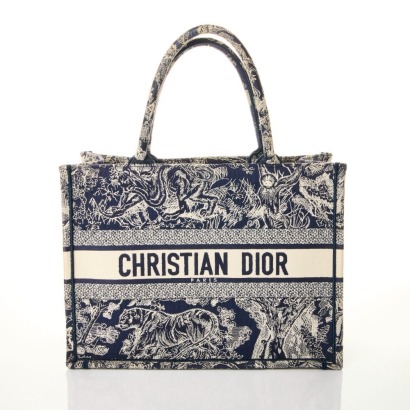 Christian Dior, Toile de Jouy, Navy Blue and Off-white Embroidery Book Tote, Size M