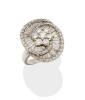 A diamond cocktail ring, of swirl design, set with sixty-one round brilliant and forty baguette cut diamonds. Estimated total diamond weight 2.77 carats. 18ct white gold. Weight 9.65 grams. Size M. Gemmologists report available.