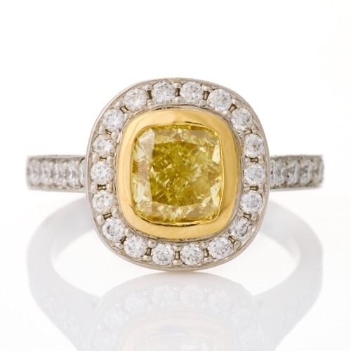 Village Goldsmith, Platinum / 18ct Yellow Gold, 1.30ct Cushion cut Fancy Yellow Diamond / .59ct Cluster Ring, GIA certified