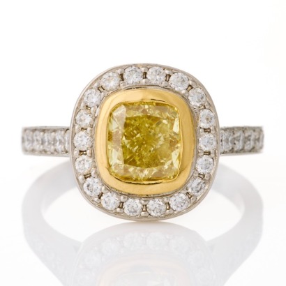 Village Goldsmith, Platinum / 18ct Yellow Gold, 1.30ct Cushion cut Fancy Yellow Diamond / .59ct Cluster Ring, GIA certified