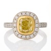 Village Goldsmith, Platinum / 18ct Yellow Gold, 1.30ct Cushion cut Fancy Yellow Diamond / .59ct Cluster Ring, GIA certified