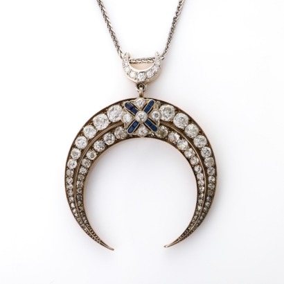 Silver / 18ct Rose Gold, Antique, 5.86ct Diamond / .22ct Sapphire Crescent Pendant on 47cm Chain