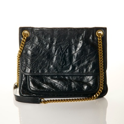 Yves Saint Laurent, Black Crinkled Leather Nikki Shoulder Bag