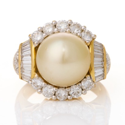 18ct Yellow Gold, 1.68ct Diamond / Cultured South Sea Pearl Cluster Ring