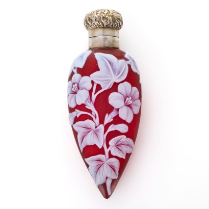 Sterling Silver / Red Cameo Glass, Floral / Butterfly Detailed Perfume Bottle, attributed to Thomas Webb