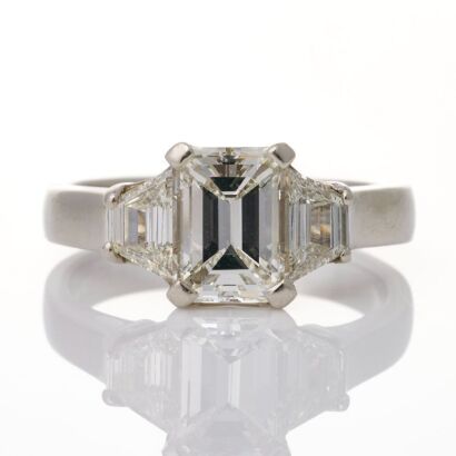 Platinum, Modern, 2.01ct Emerald Cut /.80ct Trapezoid Diamond Ring, GIA certified