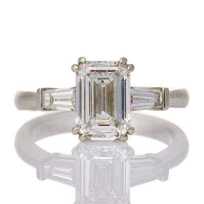 Village Goldsmith, Platinum, 1.60ct Emerald Cut, D colour, Flawless /.37ct Baguette Diamond Ring - GIA certified