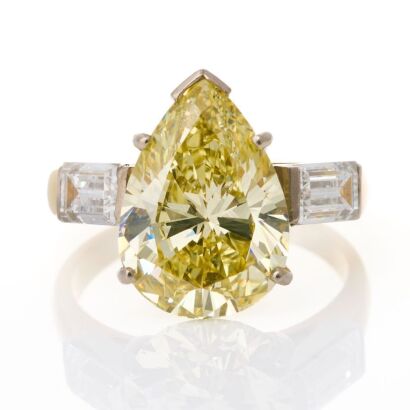 18ct Yellow / White Gold, 5.00ct Fancy Yellow Pear Shape / .89ct Baguette Cut Diamond Ring