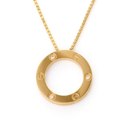 Cartier, 'Circle of Love' 18ct Yellow Gold, .07ct Diamond Set Modern Pendant on 9ct Yellow Gold, 50cm Box Chain