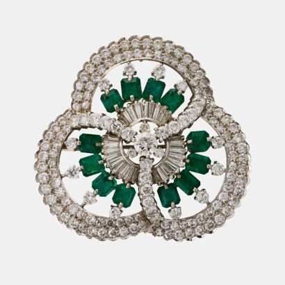 Platinum, 2.80ct Emerald / 6.55ct Diamond, Trefoil Brooch / Pendant