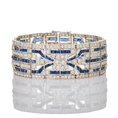 18ct White Gold, Art Deco Style, Calibre Cut Sapphire / 8.25ct Diamond Bracelet