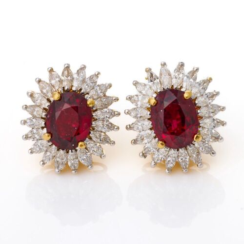 19ct Yellow Gold, Modern, Rare, 4.65ct Red Spinel / 2.40ct Diamond Cluster Earrings