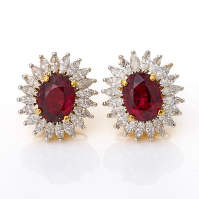 19ct Yellow Gold, Modern, Rare, 4.65ct Red Spinel / 2.40ct Diamond Cluster Earrings