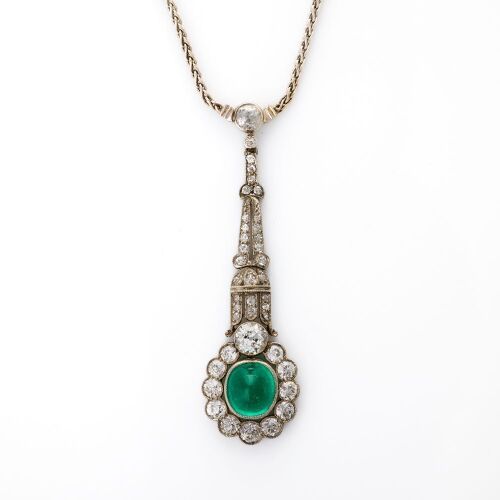 Platinum, Estate, 2.88ct Emerald / 1.96ct Diamond Drop Pendant on 9ct White Gold, 42cm Foxtail Chain