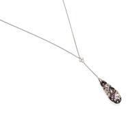 A diamond pendant on chain, the pierced, drop-shaped pendant comprised of pink sapphire and diamond set heart-shaped motifs. 18ct white gold and black rhodium plated white gold. Weight 12.9 grams. Length of chain 44cm.