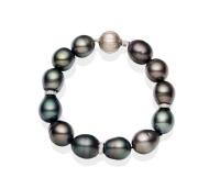 A Tahitian pearl bracelet, the twelve semi-baroque pearls measuring 14mm, spaced by three diamond rondels and hung with a brushed ball clasp. 18ct white gold. Weight 56.20 grams. Length 23cm. 