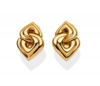 A pair of gold earrings, Bulgari, circa 1980's. Of plain polished, interlocking heart design. 18ct yellow gold. Weight 15.70 grams. Length 2.3mm. Signed Bulgari. Clip attachments. 