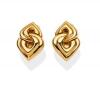 A pair of gold earrings, Bulgari, circa 1980's. Of plain polished, interlocking heart design. 18ct yellow gold. Weight 15.70 grams. Length 2.3mm. Signed Bulgari. Clip attachments.&nbsp;