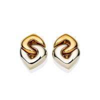 A pair of Doppio Cuore earrings, Bulgari, circa 1980's. Of plain polished and interlocking heart design. 18ct yellow and white gold. Weight 34.12 grams. Signed Bulgari, French assay marks. Clip attachments. Original pouch.