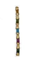 A gold and gemstone Primavera bracelet, Bulgari, circa 1980's. The interlocking gold motifs with alternating domed and fluted aquamarine, citrine, tourmaline and peridot sections. 18ct yellow gold. Weight 73.28 grams. Length 17.5cm. Signed Bulgari.   