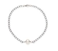 A South Sea pearl collar, the oval link chain hung with a central round pearl measuring 15mm. 18ct white gold. Weight 44.92 grams. Length 44cm. 