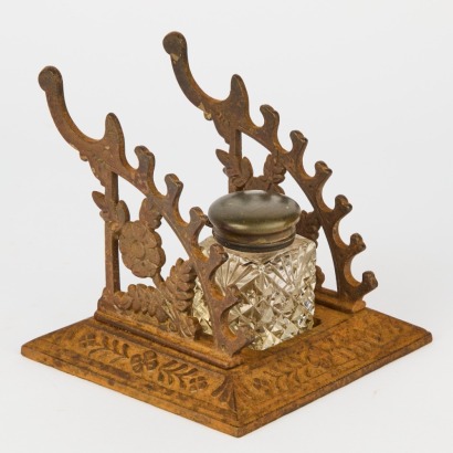 A Victorian Cast Iron Pen Stand and Diamond Cut Inkwell