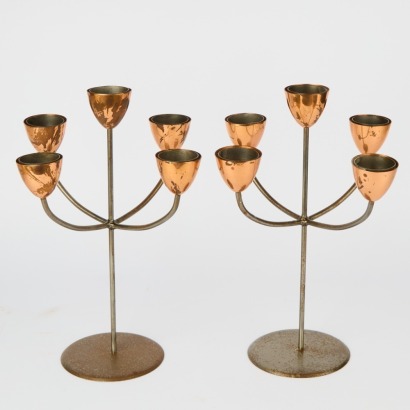 A Pair of Aged Danish Aristo Table Steel & Copper Tealight Candelabra