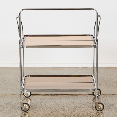 A Gatsby Polished Steel and Smoked Glass Folding Bar Cart