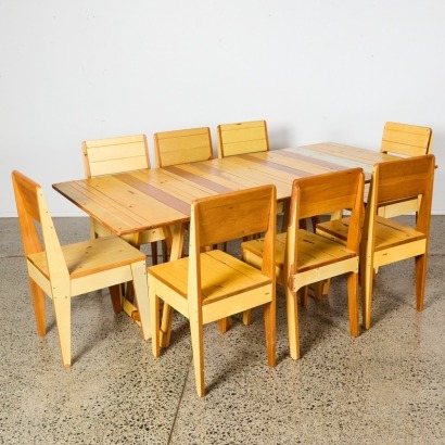 A Dinning Table and Eight Chairs by James Jagger for Rekindle, Made From Wrecked Houses in The Christchurch Earthquake
