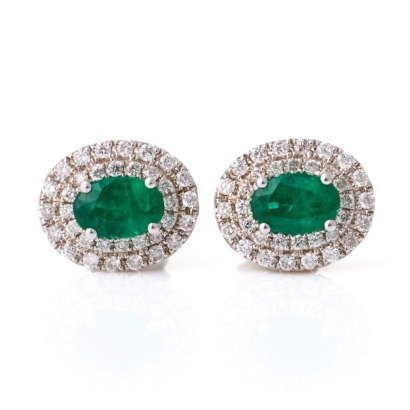 14ct White Gold, .68ct Emerald / .50ct Diamond / .06ct Sapphire Cluster Earrings