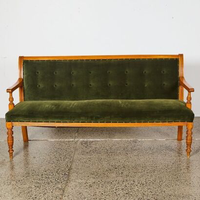An Antique Kauri Settle With Green Velvet Upholstery