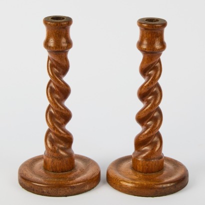 A Pair of Oak Barely Twist Candle Holders