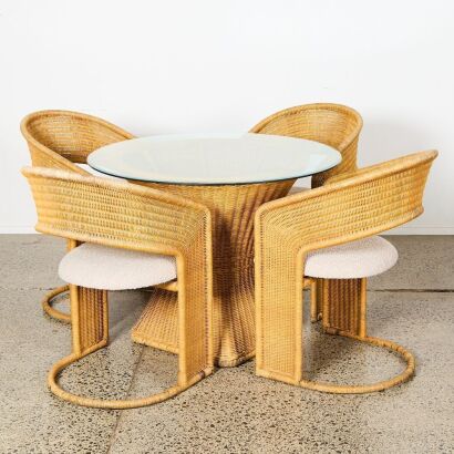 A Seventies Luit Van Der Helm Rattan Four Seat Cantilever Chair Dining Suite, The Netherlands