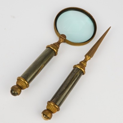 A Vintage Horn And Brass Magnifying Glass And Letter Open Set