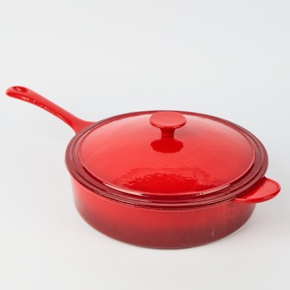 An Extra Large Cast Iron Lidded Frying Pan in Lava Red