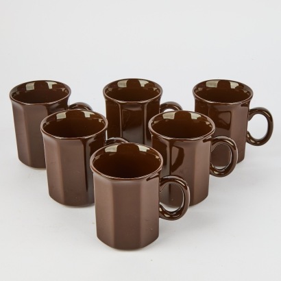A Set of Six Crown Lynn Hexagonal Coffee Mugs Brown Glaze