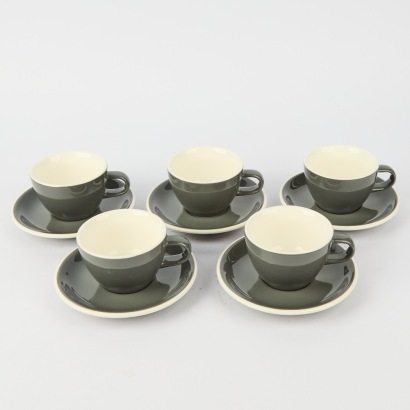A Collection of Five Acme Cuos And Saucers In Grey