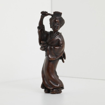 A Signed Wood Netsuke of a Geisha, Japan