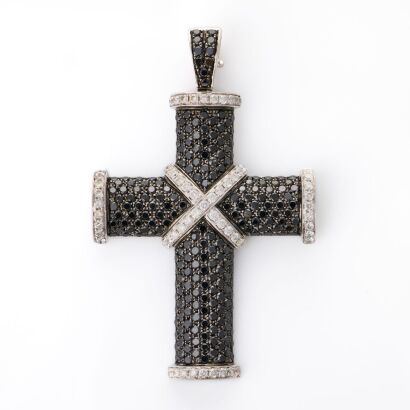 18ct White Gold, .85ct Diamond / 3.65ct Treated Black Diamond Cross Pendant