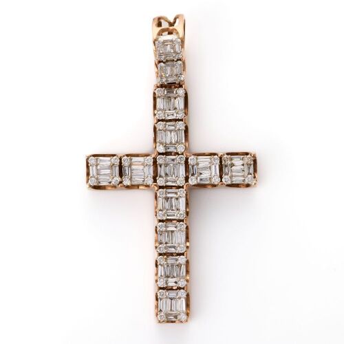 10ct Rose / White Gold, 1.50ct Baguette / .88ct Round Brilliant Diamond Cross Pendant