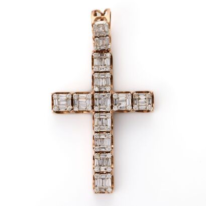 10ct Rose / White Gold, 1.50ct Baguette / .88ct Round Brilliant Diamond Cross Pendant