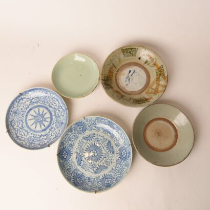 A Set of Two Chinese Qing Dynasty Blue and White Dishes AND A Group of Three Ming Dynasty Dishes (one with damage)