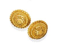 A pair of Indian gold earrings, of circular, stepped design. 22ct yellow gold. Weight 15.37 grams. Diameter 25mm. Threaded post attachments.