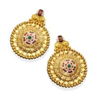 A Meenakari enamel and paste suite comprising a ring, earrings and pendant, pierced circular form. 22ct yellow gold. Total weight 70.16 grams.