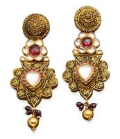 A pair of Indian red stone, garnet and polki diamond pendant earrings. 22ct yellow gold. Weight 48.86 grams. Length 9.5cm. Threaded post attachments. Stamped 916.