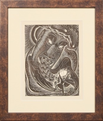 E MERVYN TAYLOR Magical Wooden Head Original Woodcut Lithographic Print