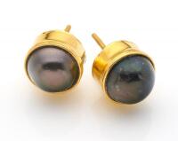 A pair of Tahitian pearl ear studs, each bezel set with a 10.8mm pearl. 21ct yellow gold. Weight 7.6 grams. Threaded post attachments.