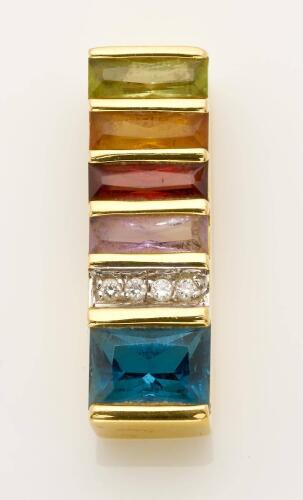 A multi-stone pendant, of bar design, horizontally set with peridot, garnet, citrine, amethyst, aquamarine and diamonds. Yellow gold. Weight 4.22 grams. Length 22mm.