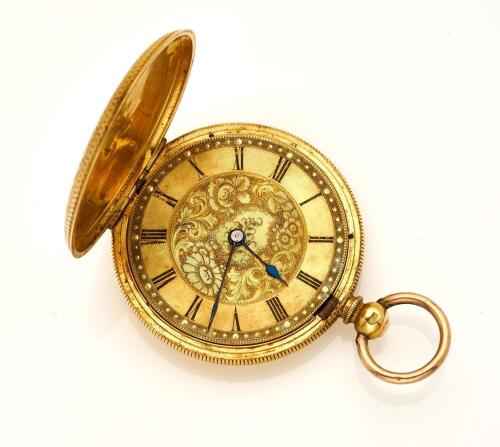 A Lady's gold hunter pocket watch, John Carter, London. Key wind. 38mm. Gold dial and printed black Roman numerals. Unsigned Swiss movement. Brass cuvette. 18ct yellow gold. Engraved decoration to front and back of case.